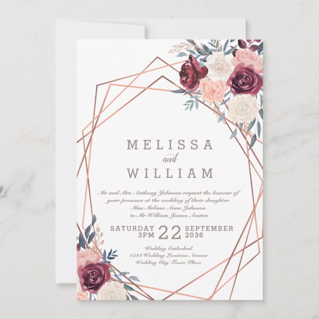 Burgundy Floral Geometric Copper Ivory Wedding Invitation (Front)