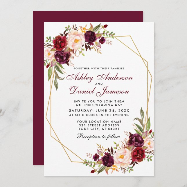 Burgundy Floral Geometric Gold Frame Wedding Invitation (Front/Back)
