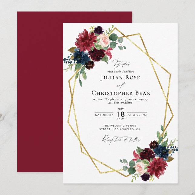 Burgundy floral geometric wedding invitation (Front/Back)