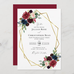 Burgundy floral geometric wedding invitation