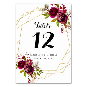 Burgundy Floral Geometric Wedding Table Numbers
