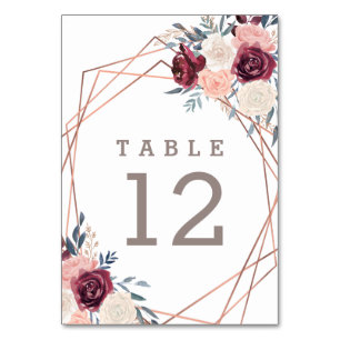 Burgundy Floral Geometric White Wedding  Table Number