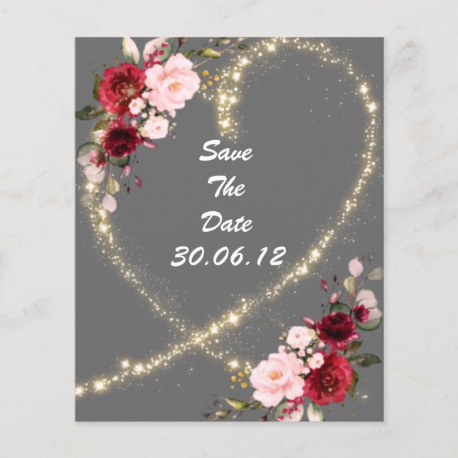 burgundy floral & glitter heart, save the date  (Front)