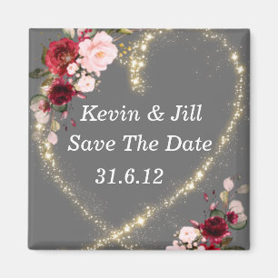 burgundy floral & glitter heart, save the date magnet