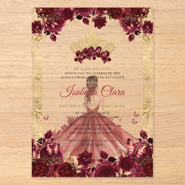 Burgundy Floral Gold Arch Princess Quinceanera Acrylic Invitations (Front)