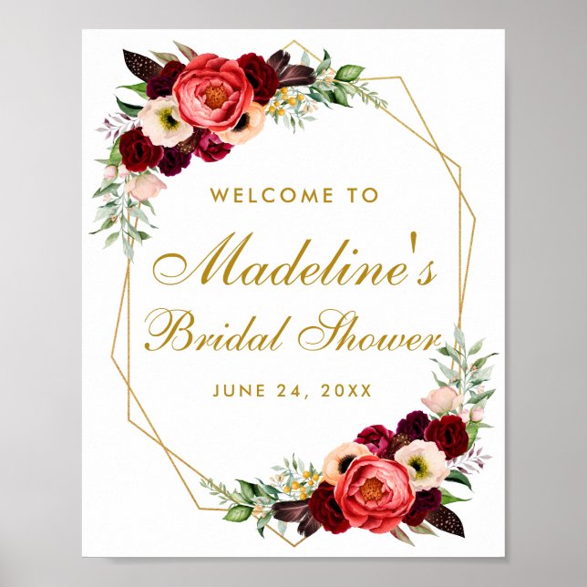 Burgundy Floral Gold Boho Bridal Shower Welcome Poster (Front)