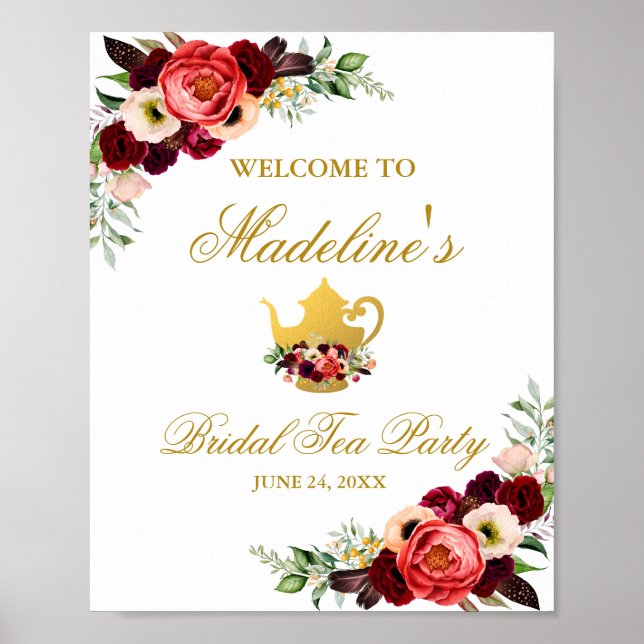 Burgundy Floral Gold Boho Bridal Tea Party Welcome Poster (Front)