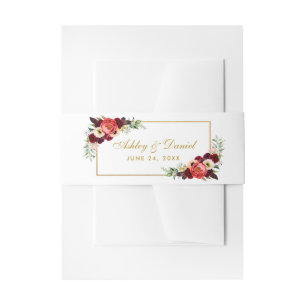 Burgundy Floral Gold Boho Wedding Invitation Belly Band