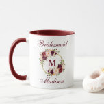 Burgundy Floral Gold Circle Bridesmaid Monogram Mug<br><div class="desc">Watercolor Burgundy Marsala Floral Gold Circle Monogram Bridesmaid Mug - Two Tone</div>