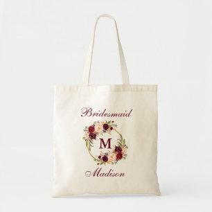 Burgundy Floral Gold Circle Monogram Bridesmaid Tote Bag