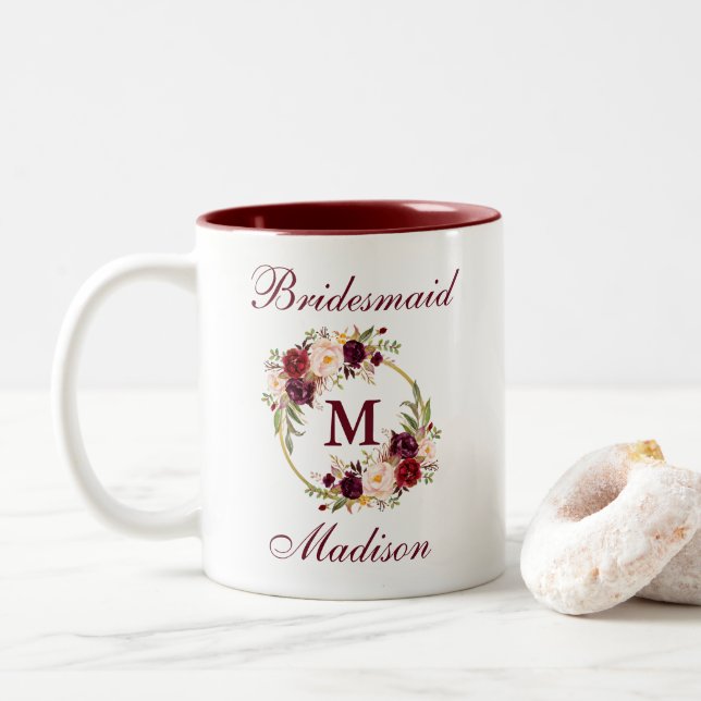 Burgundy Floral Gold Circle Monogram Bridesmaid Two-Tone Coffee Mug (With Donut)