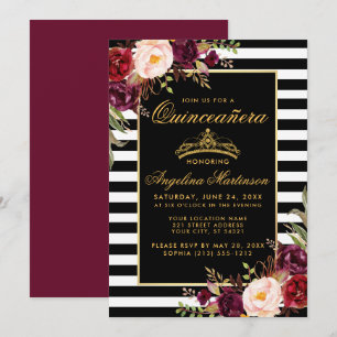 Burgundy Floral Gold Crown Stripes Quinceanera Invitation