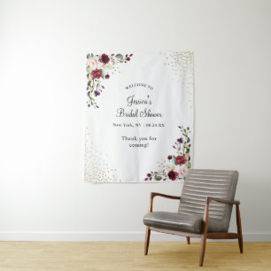 Burgundy Floral Gold Foil Bridal Shower Welcome Tapestry