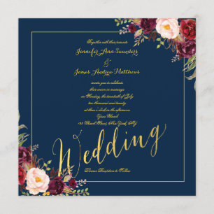 Burgundy Floral Gold Foil Navy Blue Wedding Invitation
