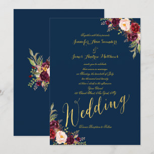 Burgundy Floral Gold Foil Navy Blue Wedding Invite