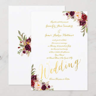 Burgundy Floral Gold Foil Script Wedding Invite