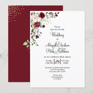 Burgundy Floral Gold Foil Watercolor Wedding Invitation