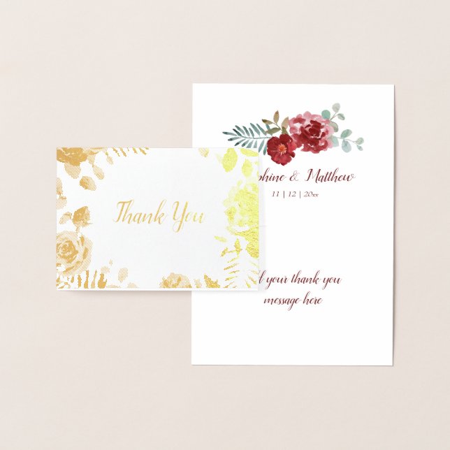 Burgundy Floral Gold Foil Wedding Thank You Note Foil Card (Display)