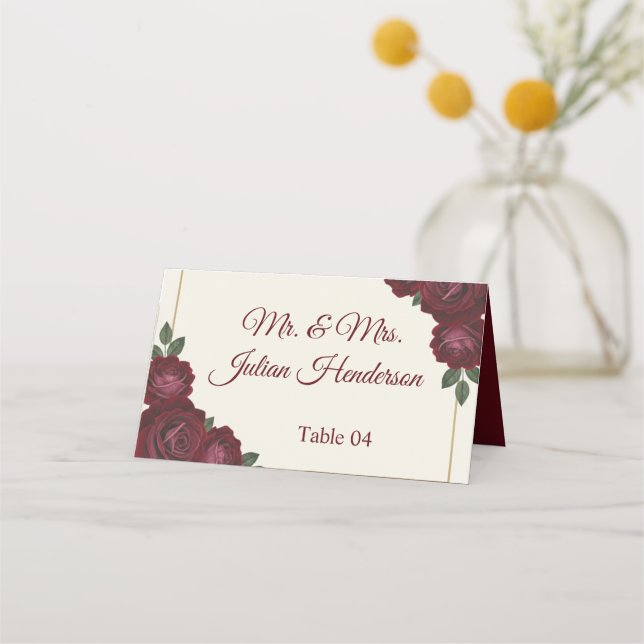 Burgundy Floral & Gold Folded Wedding Place Card (Front)