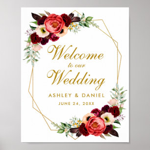 Burgundy Floral Gold Frame Boho Wedding Welcome Poster