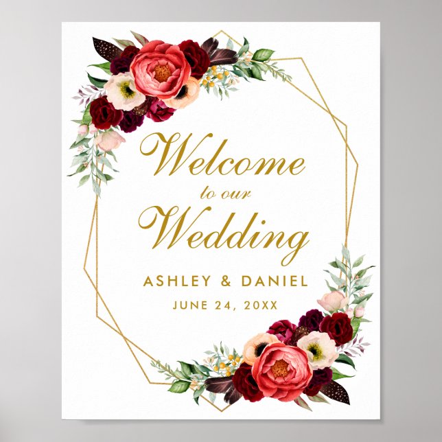 Burgundy Floral Gold Frame Boho Wedding Welcome Poster (Front)