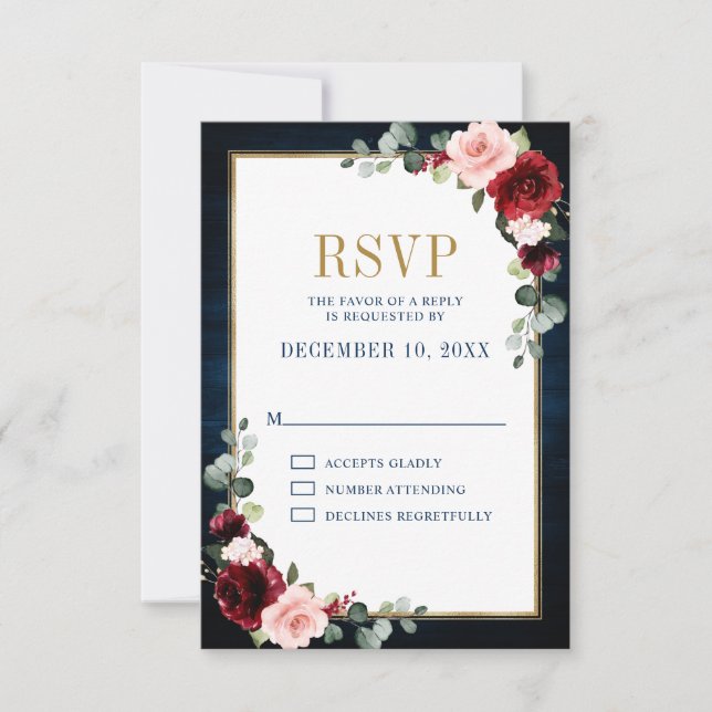 Burgundy Floral Gold Frame Navy Blue Wedding RSVP  (Front)