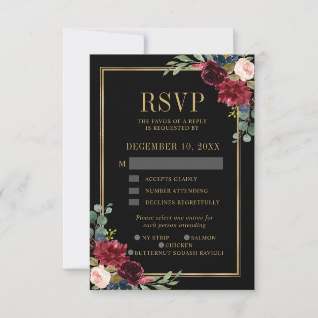 Burgundy Floral Gold Frame Navy Blue Wedding RSVP  (Front)