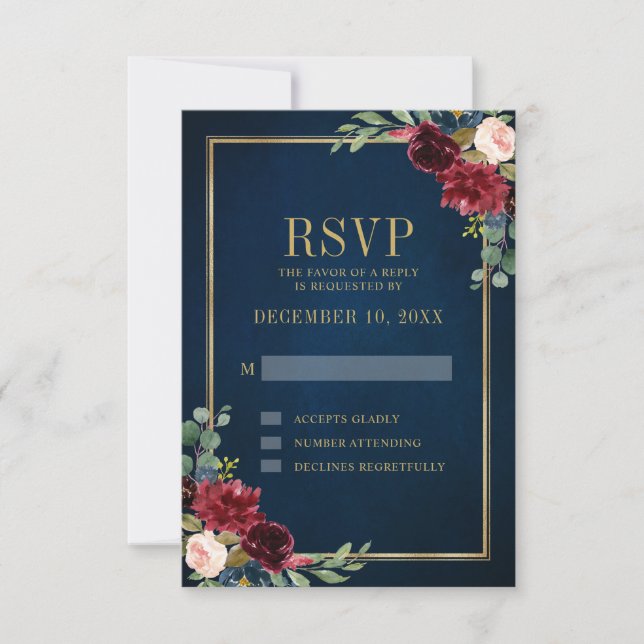 Burgundy Floral Gold Frame Navy Blue Wedding RSVP Card (Front)