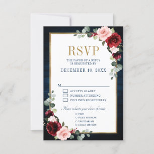 Burgundy Floral Gold Frame Navy Blue Wedding RSVP  Card