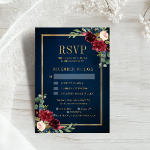 Burgundy Floral Gold Frame Navy Blue Wedding RSVP Card