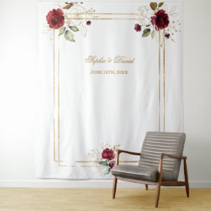Burgundy Floral Gold Frame Photo Booth Backdrop Tapestry