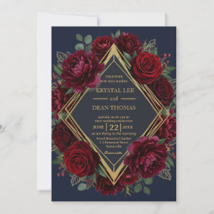 Burgundy Floral Gold Frame Wedding Invitation