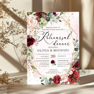 Burgundy floral gold geometric rehearsal dinner invitation