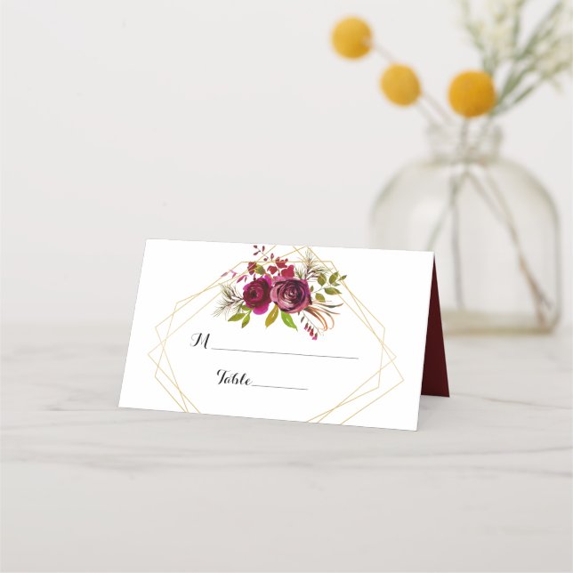 Burgundy Floral Gold Geometric Table Place Card (Front)