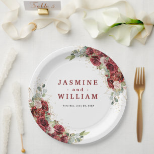 Burgundy Floral Gold Geometric Wedding Paper Plate