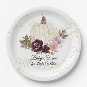 Burgundy Floral Gold Glitter Baby Shower Pumpkin Paper Plate