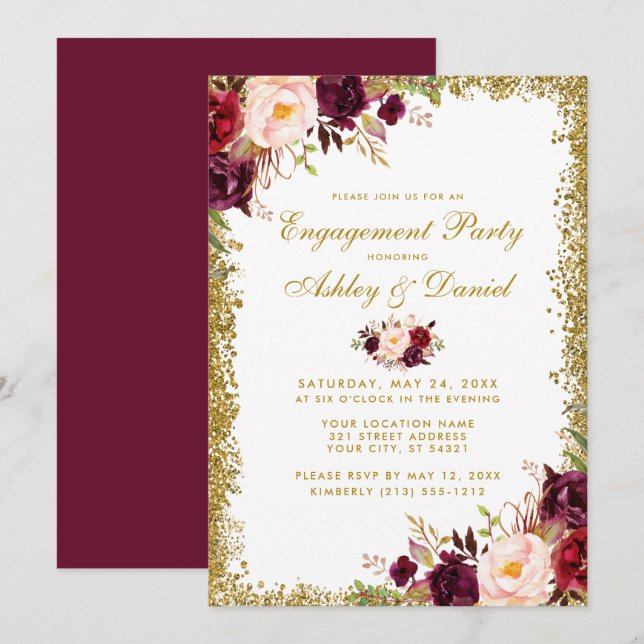 Burgundy Floral Gold Glitter Engagement Invite GB (Front/Back)