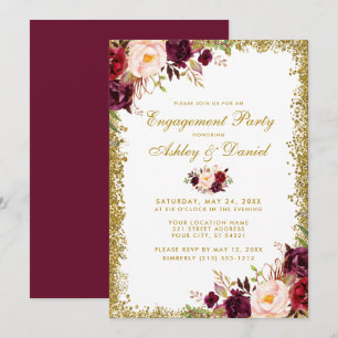 Burgundy Floral Gold Glitter Engagement Invite GB