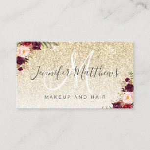 Burgundy Floral Gold Glitter Makeup COVID Safe Business Card