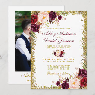 Burgundy Floral Gold Glitter Photo Wedding Invitation
