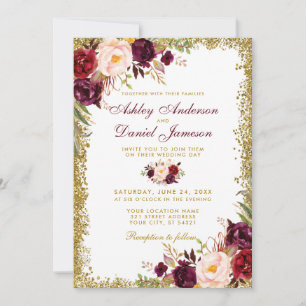 Burgundy Floral Gold Glitter Wedding Invitation