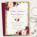 Burgundy Floral Gold Glitter Wedding Invitation B<br><div class="desc">Elegant Burgundy Watercolor Floral and Gold Glitter Wedding Invitation - Burgundy Script - Burgundy Back</div>