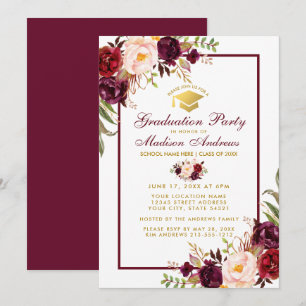 Burgundy Floral Gold Graduation Party Invitation B
