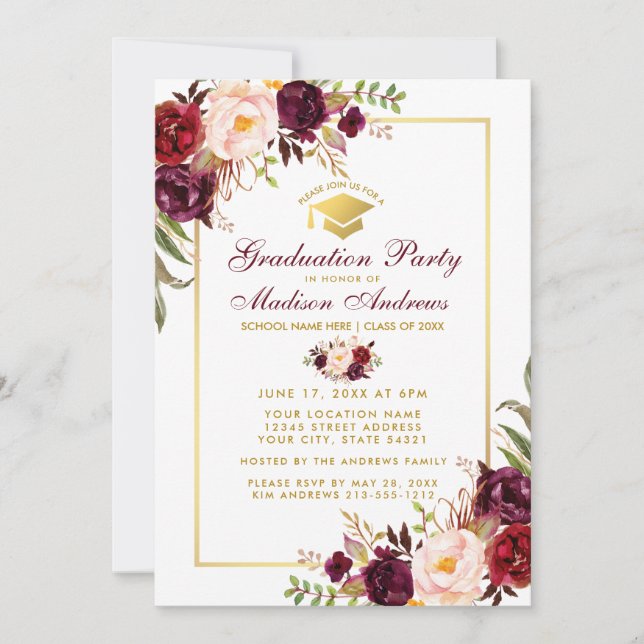 Burgundy Floral Gold Graduation Party Invitation G (Front)