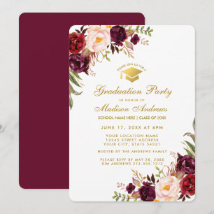 Burgundy Floral Gold Graduation Party Invite RBB