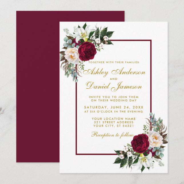 Burgundy Floral Gold Greenery Framed Wedding Invitation (Front/Back)