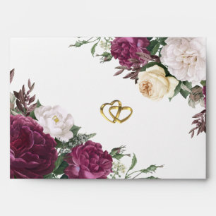 Burgundy Floral Gold Hearts Wedding Envelope