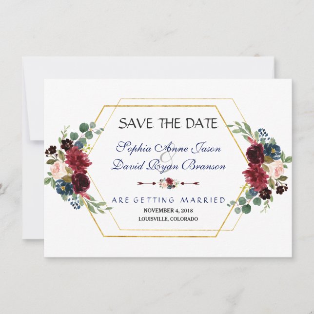 Burgundy Floral Gold Hexagon Frame Save The Date (Front)