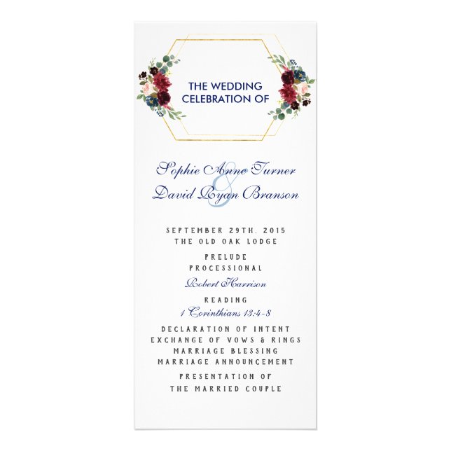 Burgundy Floral Gold Hexagon Frame Wedding Program (Front)
