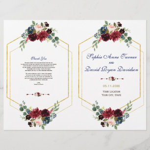 Burgundy Floral Gold Hexagon Wedding Program